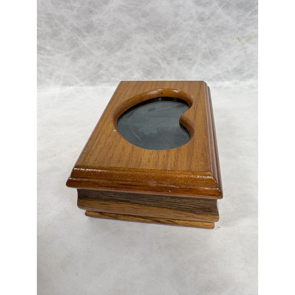 Vintage Wooden Jewelry Box Heart Etched Glass Floral Inlay Green Velvet Lining